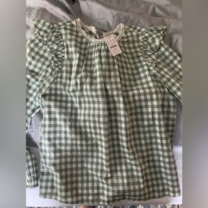 JCrew Factory Ruffle shoulder gingham blouse